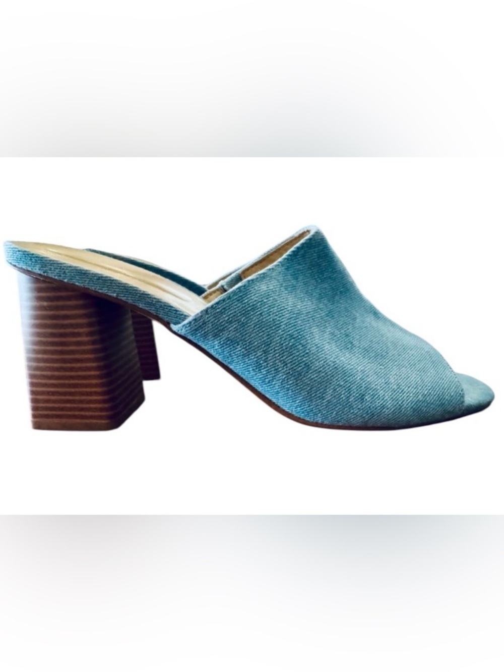 NWT Nine West size 9.5 Denim Blue Jean Slides Mules Block Heel Scandi Normgirl - Picture 2 of 11